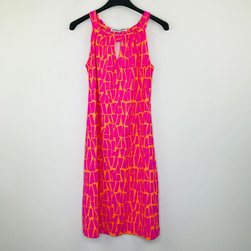 Barabara Gerwit Women's Medium Tank Dress Pink Orange Geometric Halter BV30